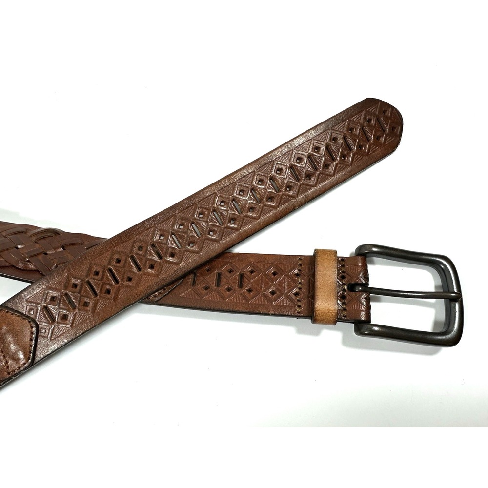 Western Belt Mens 34-36 Hand Tooled Braided Leather‎ Tan Brown Vtg